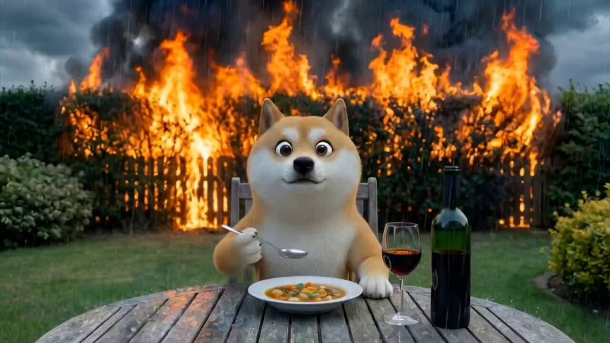 The image features a brown dog sitting at an outdoor table with food, including a plate of food and a glass of wine. A fire can be seen behind the dog, suggesting that there might have been a recent incident or emergency nearby. The caption "Just chill & hold $Doge" is written in white text above the dog's head, which could be interpreted as a humorous response to the situation.