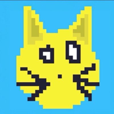 A pixel art illustration of a yellow cat-like face with large expressive eyes and small fangs, set against a solid blue background.