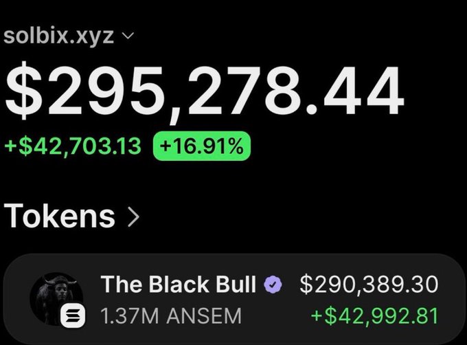 A screenshot of a crypto wallet tracker showing solbix.xyz with a balance of $295,278.44 and a +16.91% gain, highlighting "The Black Bull" holding 1.37M $ANSEM tokens valued at $290,389.30 with a profit of $42,992.81—visually supporting the post's claim of a $4,700 investment turning into roughly 68x returns on $Ansem.