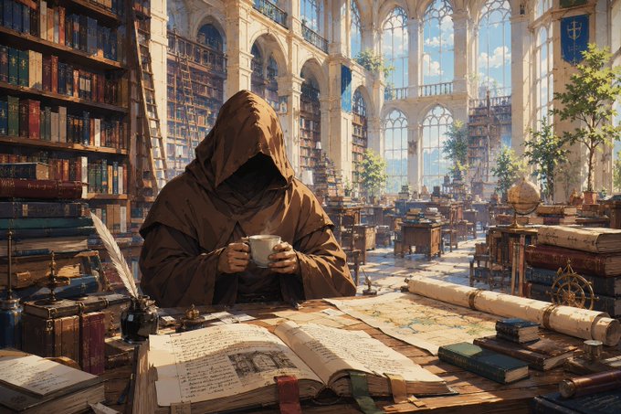 A hooded scholar sits in a grand, sunlit library, holding a cup among open manuscripts, stacked books, and research tools. The caption pairs this image of quiet persistence with the message: “GM CT—no one cares how hard it is. Make it happen anyway.”
