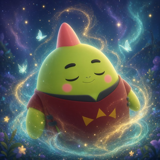 A cute, round green cartoon creature wearing a red shirt and party hat sits serenely with eyes closed, surrounded by glowing golden sparkles and butterflies in a magical, starry environment.