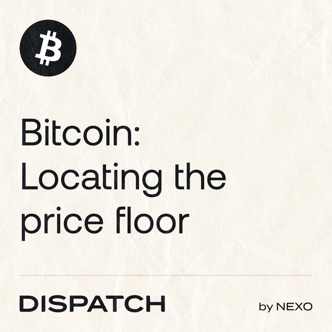 A minimalist beige graphic featuring a black Bitcoin logo in the top-left corner, with the bold title "Bitcoin: Locating the price floor" and a "DISPATCH by NEXO" footer branding, tying into the post's discussion of Bitcoin's prolonged consolidation and patience-testing price action following the in-line CPI print.