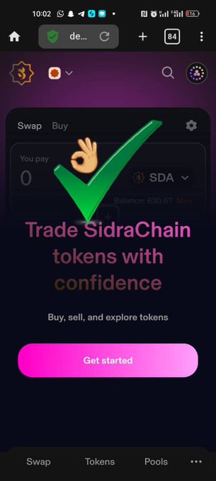 The image shows a mobile screen of the legitimate SidraChain DEX app featuring a "Trade SidraChain tokens with confidence" promotional banner, with a green checkmark and "Get started" button, serving as a visual contrast to the warning about the fake site Sidradex.pw and reinforcing the message that the official exchange is dex.sidrachain.com.