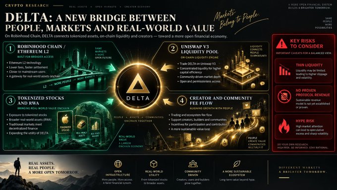 An infographic titled 'DELTA: A NEW BRIDGE BETWEEN PEOPLE, MARKETS AND REAL VALUE' describes a Robinhood Chain L2 ecosystem and Unswap V3 liquidity pool.