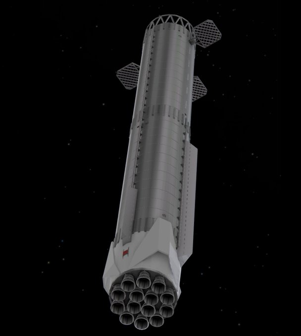 A 3D render of a large silver rocket with grid fins and multiple engines against a starry black background.