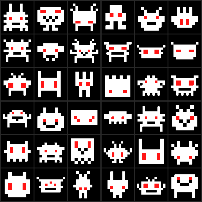 A grid of pixelated space invader-style alien characters in white and gray against a black background, each featuring varying red eye placements.
