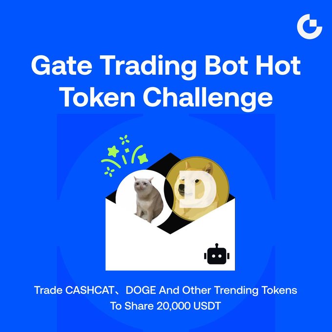 A promotional graphic for the "Gate Trading Bot Hot Token Challenge" with text "Trade CASHCAT、DOGE And Other Trending Tokens To Share 20,000 USDT," featuring cartoon cat mascots and the Gate.io logo on a blue background.
