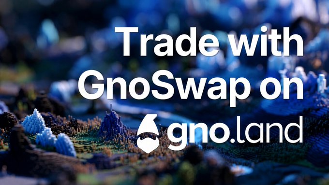 A promotional graphic reading 'Trade with GnoSwap on gno.land' set against a dark, low-poly 3D landscape background.