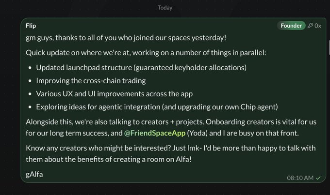 A Telegram message from 'Filip' (Founder of Alfa) providing an update on project developments including launchpad structure updates, cross-chain trading improvements, and UX/UI enhancements.