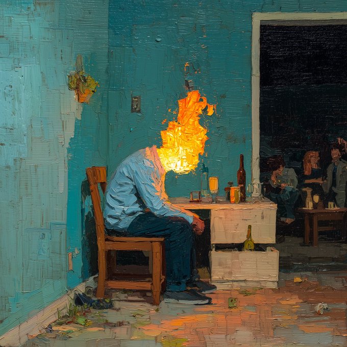 A painted artwork depicting a person sitting on a wooden chair with their head replaced by bright orange flames, while other figures sit at a table in a teal-walled room.