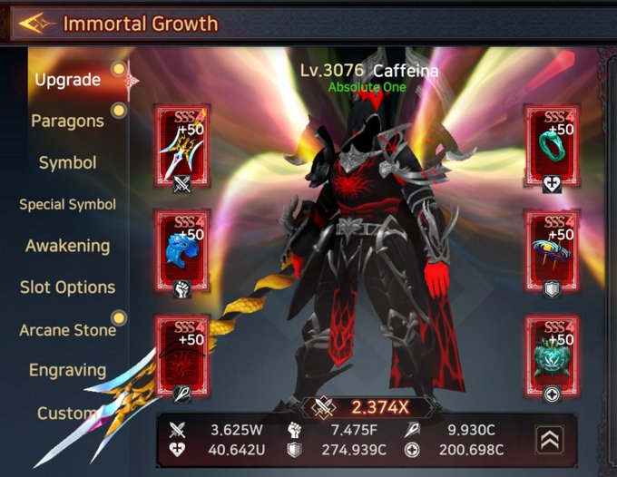 A mobile game character screen titled "Immortal Growth" displays a dark armored character named "Caffeina" at Lv.3076, labeled "Absolute One," surrounded by SSS4 upgrade icons with a power rating of 2.374X.