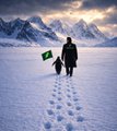 A small icon-style image depicting two figures walking through snow with footprints trailing behind them, with one carrying a green flag against a mountainous backdrop.