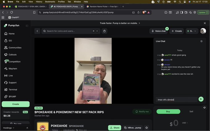 A screenshot of the Pump.fun livestream page showing a person holding up a Pokémon card, with the stream titled 'SPOKEAHOE & POKEMON!? NEW SET PACK RIPS' and a live chat on the right.