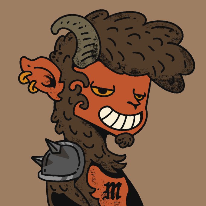 The image features a cartoon character with a large nose and horns, wearing a helmet that has the letters "M" and "@" printed on it. The character appears to be a monster or a troll from a fantasy world. The background of the image is brown, which contrasts nicely with the vibrant colors of the character's outfit and facial features.