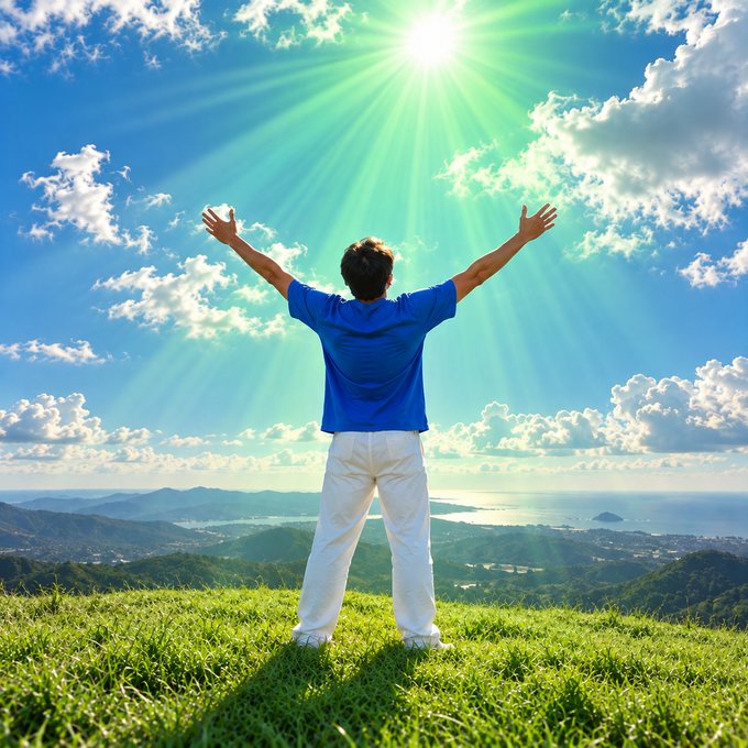 A man in a blue shirt and white pants stands on a grassy hilltop with arms raised toward a bright sun over a coastal landscape.