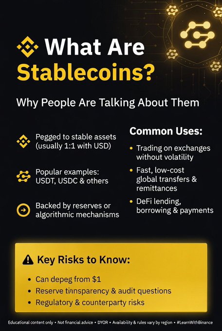 An educational infographic titled 'What Are Stablecoins?' explaining their purpose, common uses, and key risks, noting examples like USDT and USDC, in a collaboration with Binance.