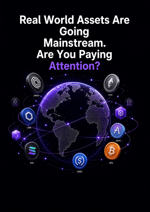 The image features a poster with a globe surrounded by various tokens representing different cryptocurrencies such as Bitcoin, Etherium, Ripple, and Litecoin. The text on the poster reads "Real World Assets Are Going Mainstream. Are You Paying Attention?". This suggests that there is an ongoing discussion about the integration of cryptocurrency into mainstream financial systems or the increasing importance of tokenisation in the real world.