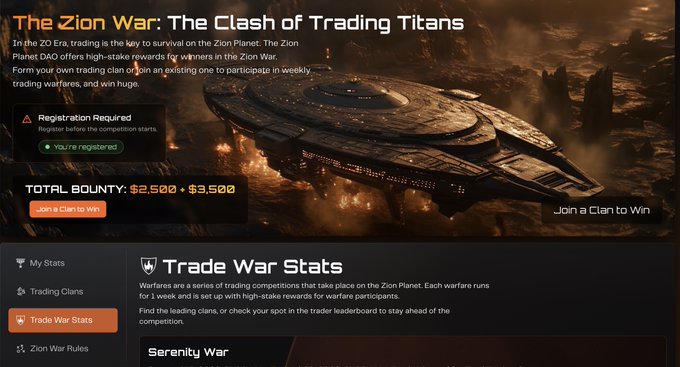 A webpage for 'The Zion War: The Clash of Trading Titans' featuring a spaceship, a total bounty of $2,500 + $3,500, and navigation menu for Trade War Stats.