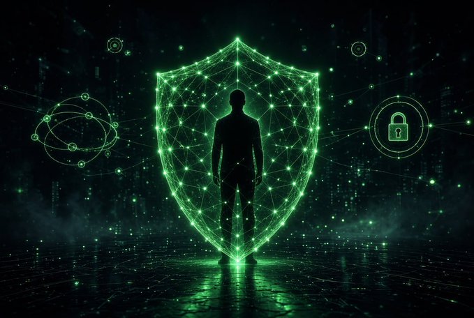 A digital artwork showing the silhouette of a person standing in front of a glowing green wireframe shield, surrounded by digital particles on a reflective floor, with lock icons floating on either side.