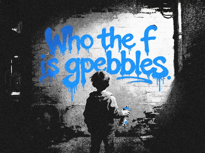A black and white street art style image of a young boy holding a blue spray paint can, standing before a wall with graffiti that reads 'Who the f is gpebbles.' in dripping blue letters.