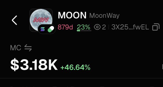 A screenshot shows the $MOON (MoonWay) token page with a market cap of $3.18K, up 46.64%, listed as 879 days old with a 23% indicator and never bonded, aligning with the post highlighting it as the OG first Moon ticker on Pump.fun for National Moon Day.