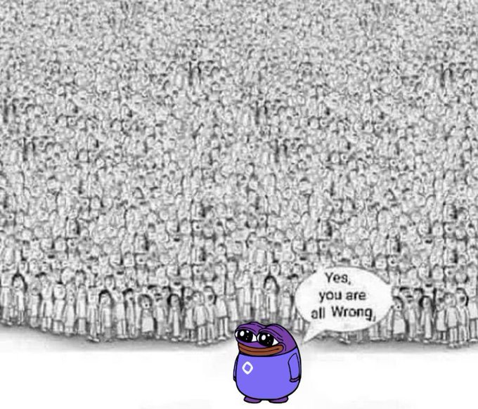 Meme illustration featuring a purple cartoon character in front of a massive crowd of identical grayscale figures, with a speech bubble saying 'Yes, you are all Wrong.'