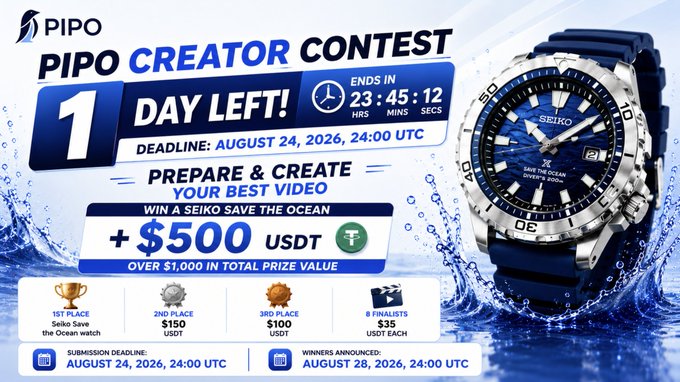 A promotional graphic for a 'PIPO CREATOR CONTEST' ending August 24, 2026, 24:00 UTC, featuring a Seiko 'Save the Ocean' watch as the first-place prize plus $500 USDT, with over $1,000 in total prizes.