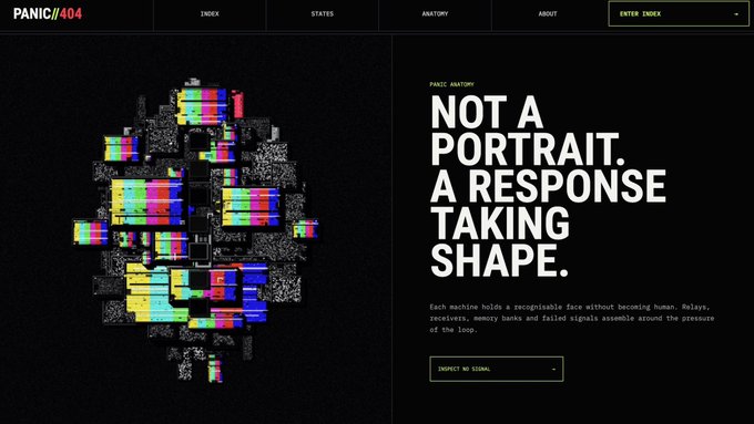 A screenshot of the PANIC//404 website homepage features a glitchy, colorful face portrait composed of television static on the left, paired with bold text reading "NOT A PORTRAIT. A RESPONSE TAKING SHAPE." and a description noting "PANIC ANATOMY: Each machine holds a recognizable face without becoming human. Relays, resistors, memory banks and failed signals assemble around the pressure of the loop." The page's "INSPECT MY SIGNAL" button and overall aesthetic tie directly into the post announcing the PANIC//404 website's upcoming launch.