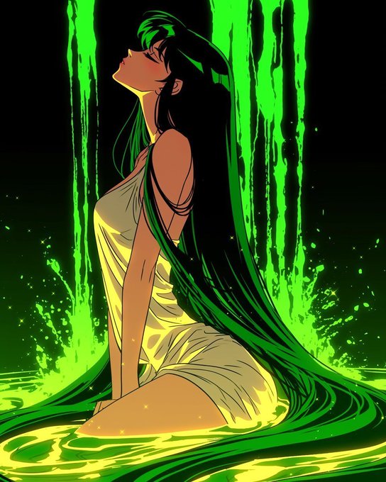 An anime-style illustration of a dark-haired woman in a white dress kneeling in glowing green liquid, surrounded by streams of green fluid cascading down.