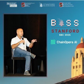 Event poster for 'The BOSS Stanford SBC 2026' featuring a man speaking into a microphone on stage, with logos for Stanford Blockchain Club, ChainOpera AI, and Goldman Sachs Global Leaders Program, alongside a Stanford campus image.