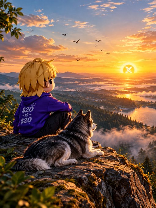 A digital illustration of an anime-style character with blonde hair wearing a 'X $20 IS $20' hoodie, sitting on a cliff with a husky dog, watching a sunset over a landscape with an X logo in the sun.