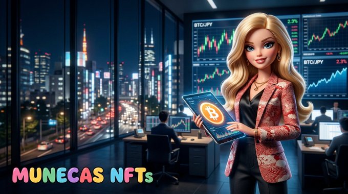 A stylized blonde woman in a patterned blazer stands in a high-rise office overlooking Tokyo's neon skyline, holding a tablet displaying a Bitcoin (₿) icon, while monitors behind her show BTC/JPY charts at 2.3% and 2.2%. The "MUNECAS NFTs" branding and financial setting visually frame the post's theme of crypto adoption and Telegram's Gram wallet expansion into mainstream onboarding.