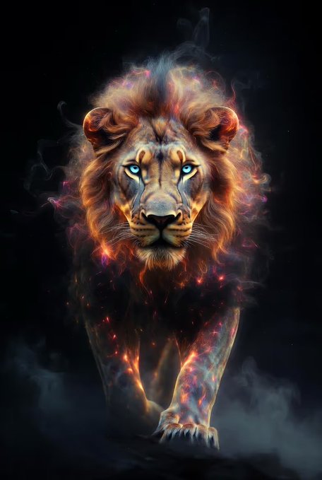 A digital artwork of a majestic lion with glowing blue eyes and a fiery, cosmic mane with multicolored sparks walking through dark mist.