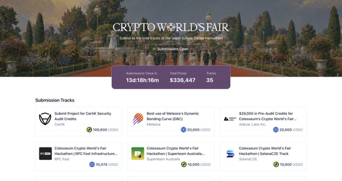 A screenshot of the Crypto Worlds Fair website, a Solana Global Hackathon, showing a submission deadline of 13d:18h:16m, $336,447 in total prizes, and 35 tracks, with submission tracks like 'Submit Project for Certik Security Audit Credits' (100,000 USDD) and 'Best use of Meteora's Dynamic Bonding Curve (DBC)' (20,000 USDC).