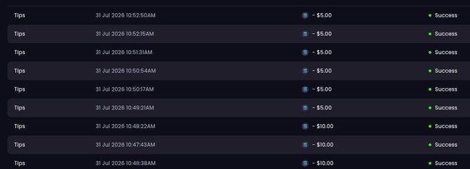 The image displays a transaction history showing 9 successful tips sent on July 31, 2026, with amounts of $5.00 (5 entries) and $10.00 (3 entries), aligning with the post about tipping users with SOL balances and BetBolt participants.