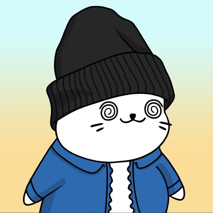 A cartoon illustration of a white cat character with swirly dizzy eyes, wearing a black beanie and a blue jacket, set against a gradient yellow and blue background.