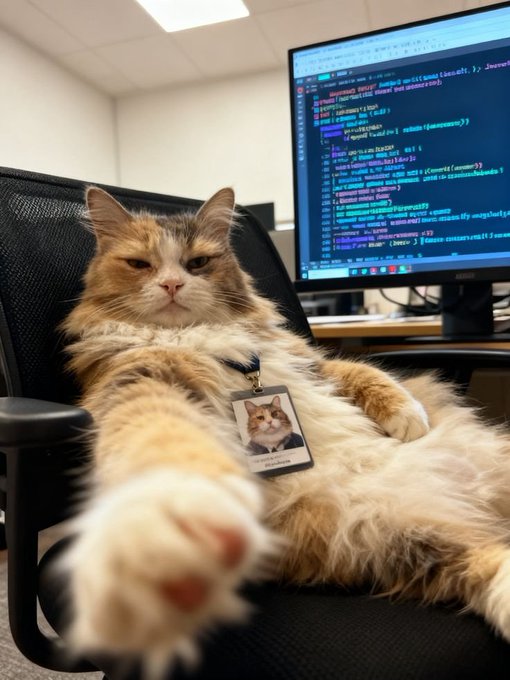 An orange and white cat wearing an ID badge sits in an office chair with its paw extended toward the camera, with code displayed on a monitor in the background.