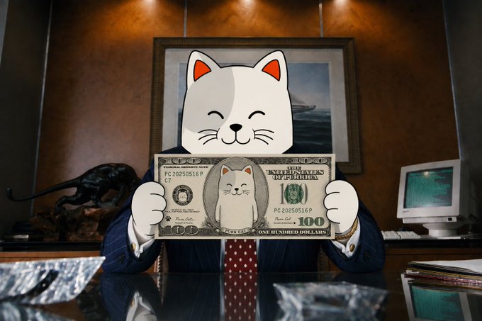A humorous edited image showing a person in a business suit holding up a $100 bill in an office setting, with both the person's head and Benjamin Franklin's face on the bill replaced by a smiling white cat emoji.
