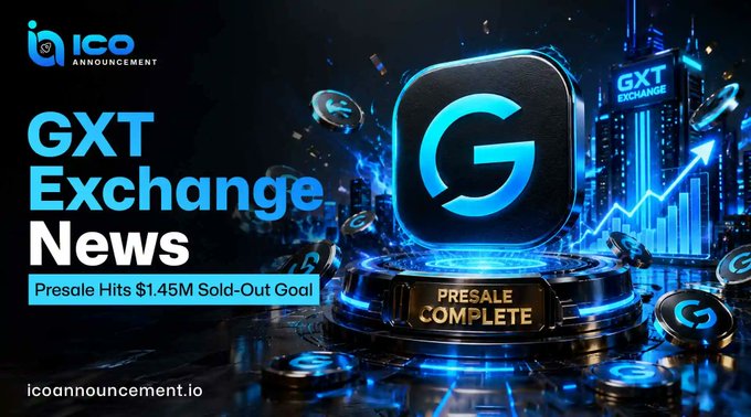 A promotional graphic announces "GXT Exchange News" from icoannouncement.io, highlighting that the GTX presale hit its $1.45M sold-out goal. The image features a futuristic, glowing blue "G" logo at a podium labeled "PRESALE COMPLETE," surrounded by floating coins and an upward-trending chart, visually reinforcing the news of the successful presale milestone.