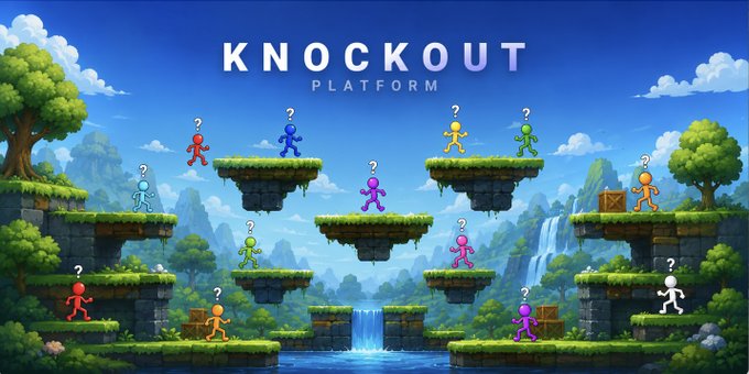 The image is a vibrant, cartoon-style platformer landscape titled "KNOCKOUT PLATFORM" at the top, featuring colorful stickman characters (in red, blue, yellow, green, orange, pink, purple, and white) with question marks above their heads standing on floating grassy platforms against a backdrop of mountains, waterfalls, and a bright blue sky. This teaser visually represents the upcoming "KNOCKOUT" skill-based stickman fighting platform launching July 10, with the question-marked figures symbolizing the creators whose identities remain hidden until launch, as mentioned in the post.