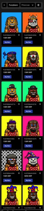 A mobile marketplace interface for 'Fuzzybears' NFT collection displays various bear characters in different outfits priced at 1589 XRP each, sorted by 'Price Low' with blue 'Buy Now' buttons.