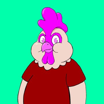 The image features a cartoon rooster wearing a red shirt with pink spots. The rooster has a big head and a small body, giving it a unique appearance. The background of the image is green, which contrasts nicely with the pink color of the rooster's feathers. There are no texts or other objects in the image, making the focus solely on the cartoon rooster and its red shirt with pink spots.