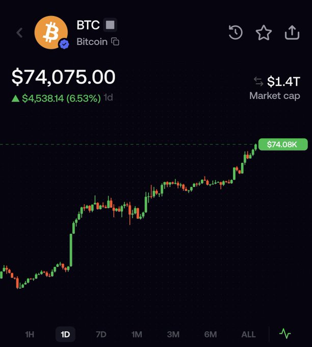 A cryptocurrency app screenshot showing Bitcoin (BTC) at $74,075.00, up $4,538.14 (6.53%) over 1 day, with a $1.4T market cap and a green/red candlestick chart.