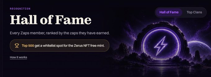 A dark-themed webpage header displays "Hall of Fame" with the text "Every Zaps member, ranked by the zaps they have earned" and mentions "Top 500 get a whitelist spot for the Zerus NFT free mint."
