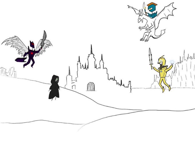 A hand-drawn sketch showing winged and flying characters above a silhouetted hooded figure, with a cityscape skyline in the background, depicting a fantasy or adventure scene.