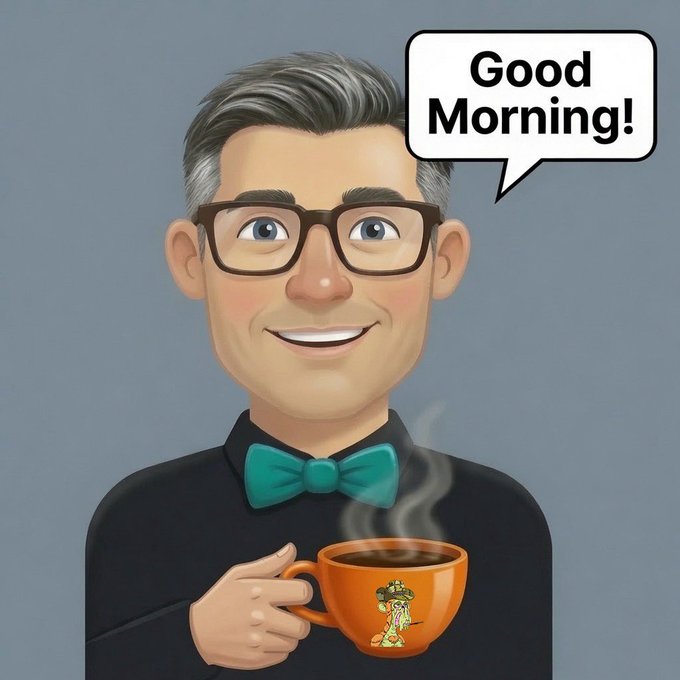 A cartoon illustration of a smiling middle-aged man with glasses and a teal bow tie holding a steaming coffee cup, with a speech bubble saying 'Good Morning!'.
