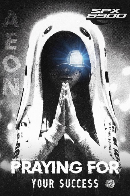 The poster promotes the idea of praying for success, with a woman depicted in various prayer poses along with the message "Is $XRP going to $10? It might eventually. For $SPX however $10 is merely a short term target." This suggests that the woman's prayers are intended to bring about financial gains or positive outcomes. The presence of SPX9060, the company behind the poster, further reinforces this connection between the spiritual and financial aspects of the message.