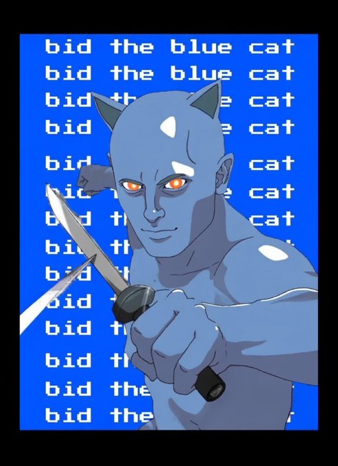 An anime-style illustration of a blue cat-eared figure with glowing red eyes wielding a sword, set against a blue background with the repeated text 'bid the blue cat'.