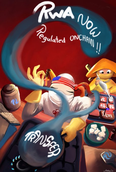 A digital illustration of a chicken-beaked character wearing an American flag bandana, with smoke forming the text 'RWA NOW Regulated ONCHAINS!!' and 'TRINSEED' at the bottom.