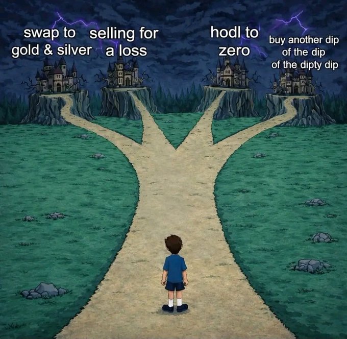 A meme-style cartoon of a boy facing three castle paths labeled: "swap to gold & silver," "selling for a loss," "hodl to zero," and "buy another dip of the dipty dip."